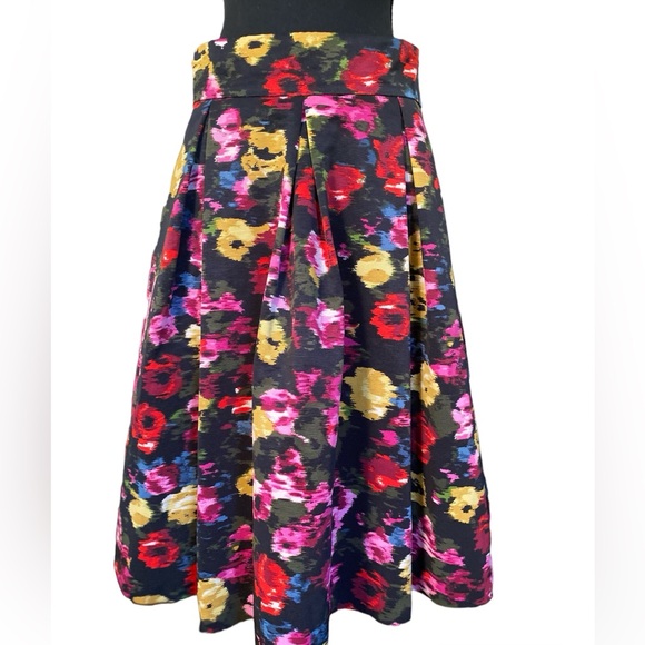 Eliza J Fllral Pleated Midi Skirt Black and Red Pink Yellow Size 10 - Picture 5 of 15